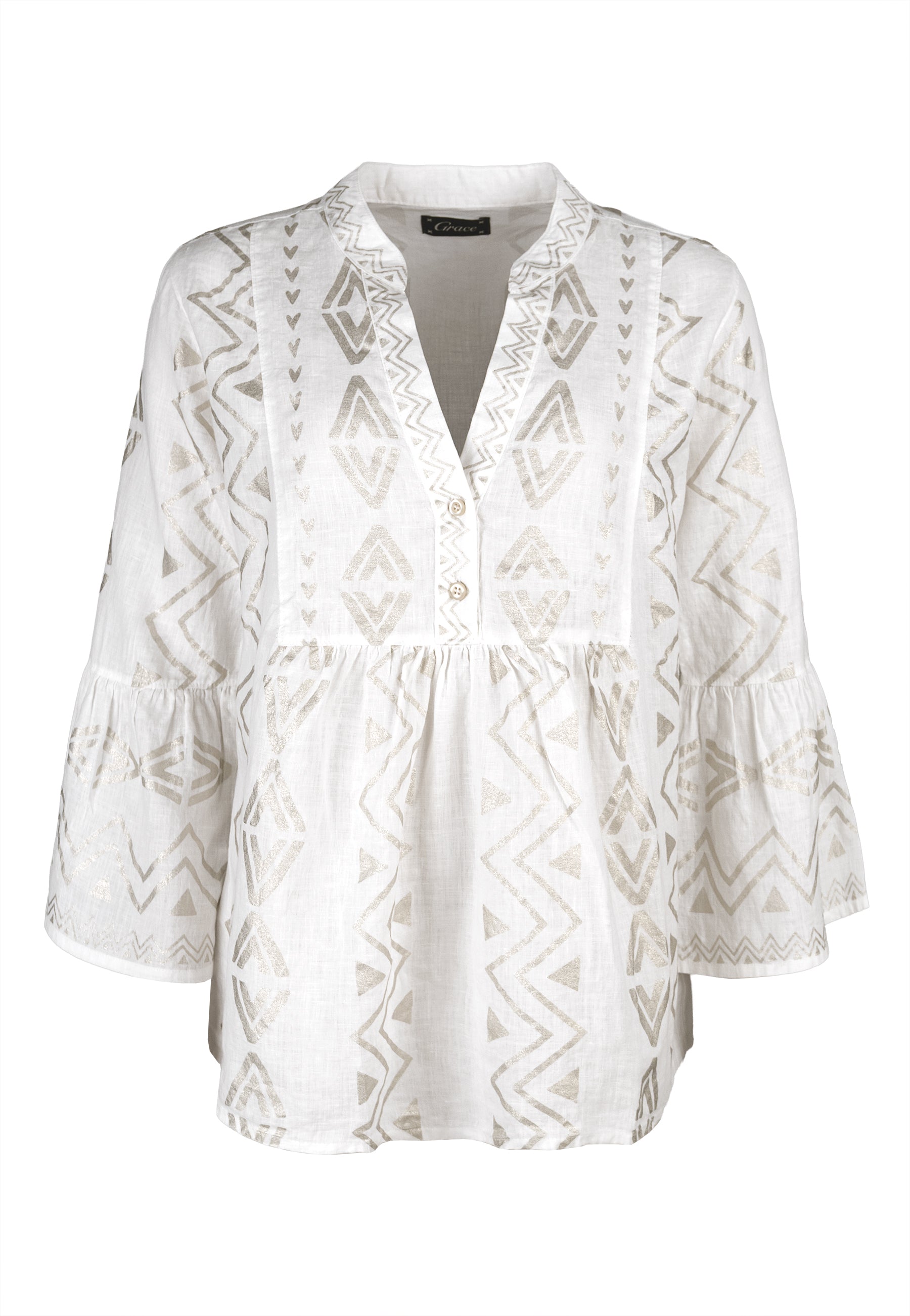 Grace Fashion Boho-Bluse mit goldenem Muster Weiß