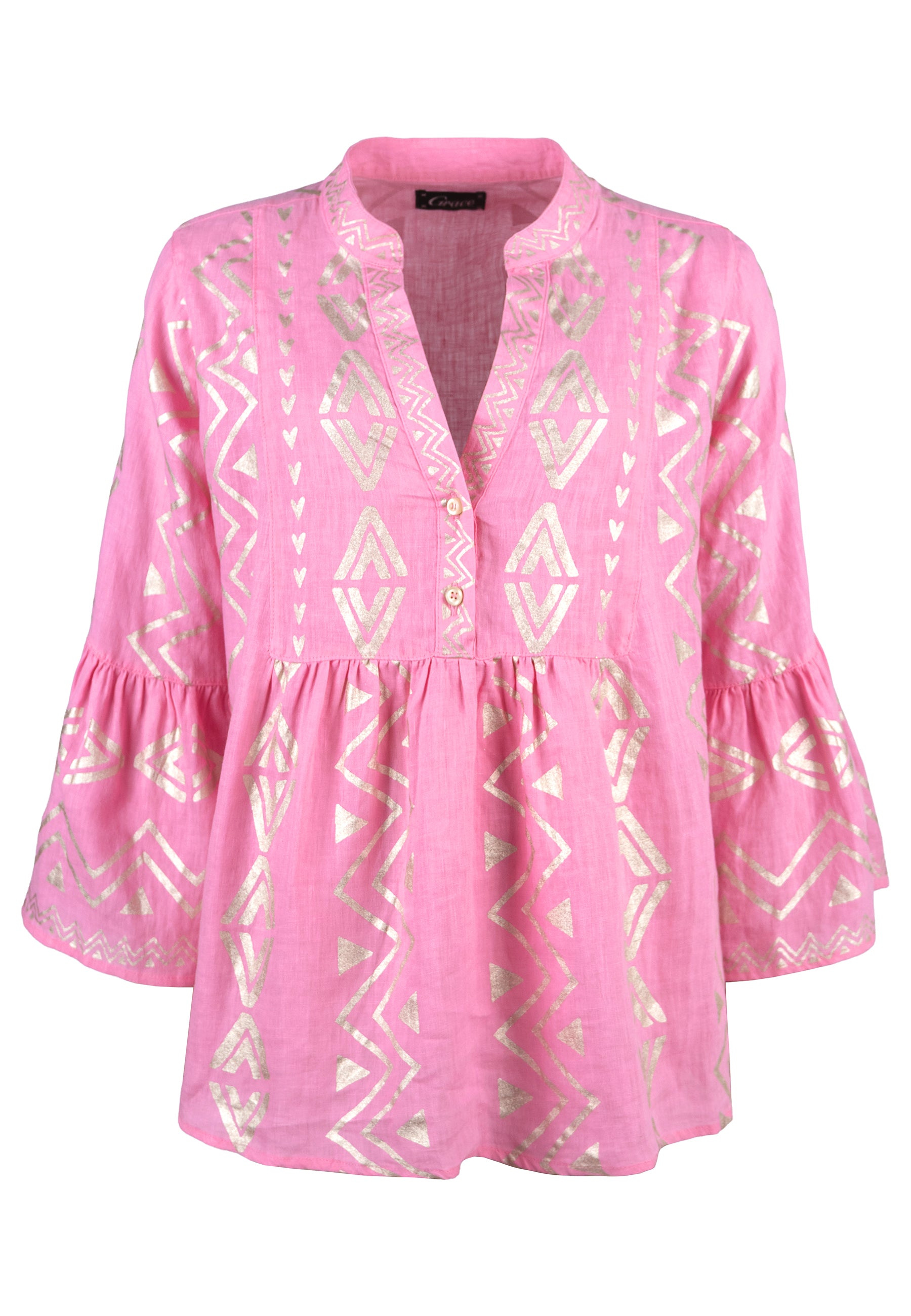 Grace Fashion Boho-Bluse mit goldenem Muster Pink