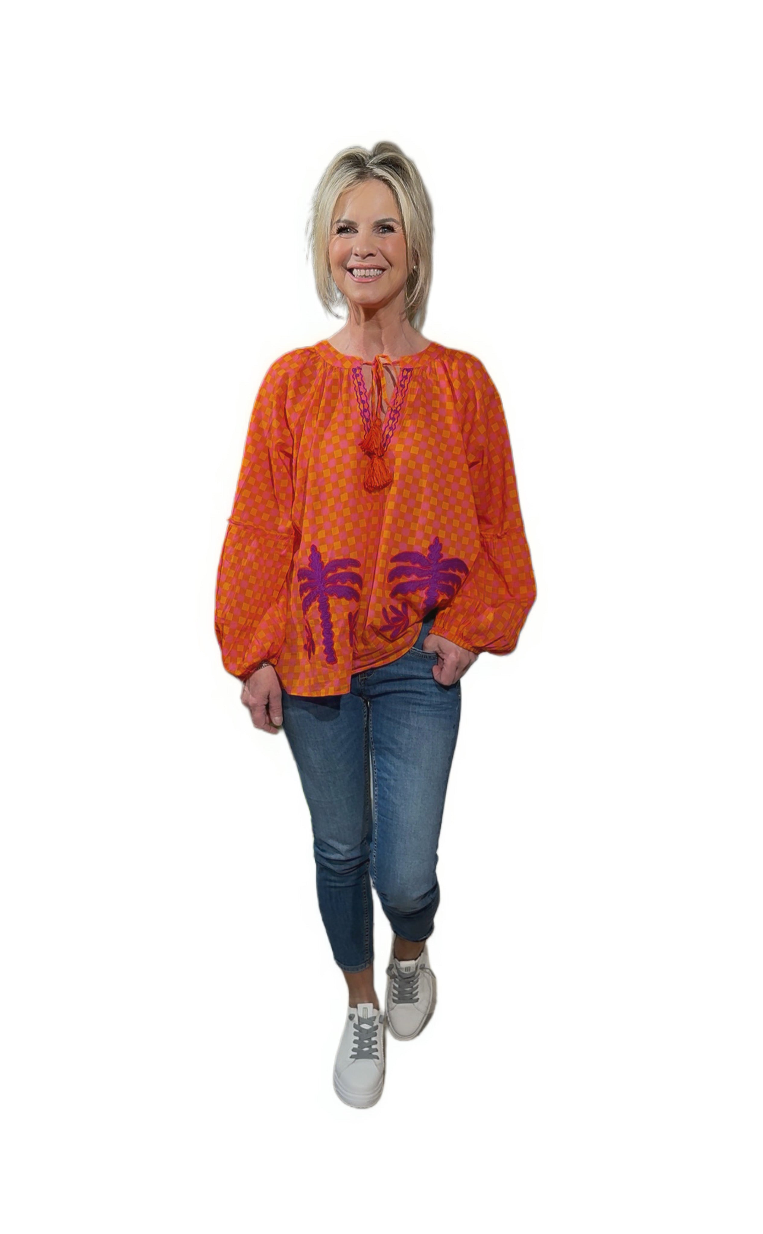 It- Pieces Statement-Bluse mit Karomuster & Palmenstickerei orange